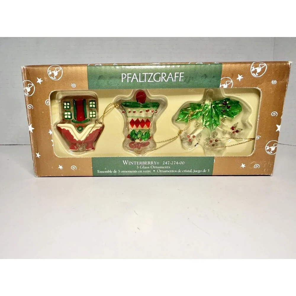 Pfaltzgraff Winterberry Glass Christmas Ornaments Bell Cottage Holly w/ Box 2000
